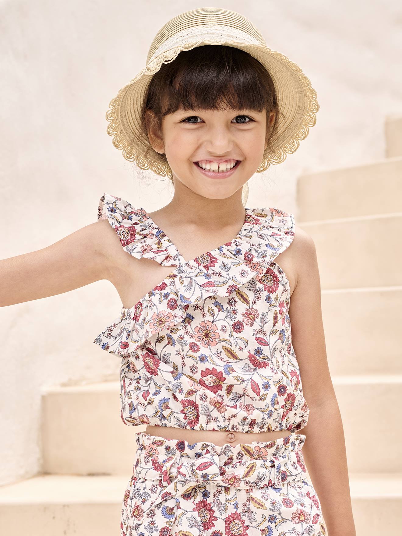 Vertbaudet Asymmetrische Meisjesblouse Met Bloemenprint En Volant Ecru