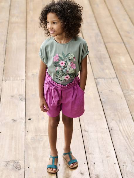 Fille-Short-Short en gaze de coton avec ceinture fille