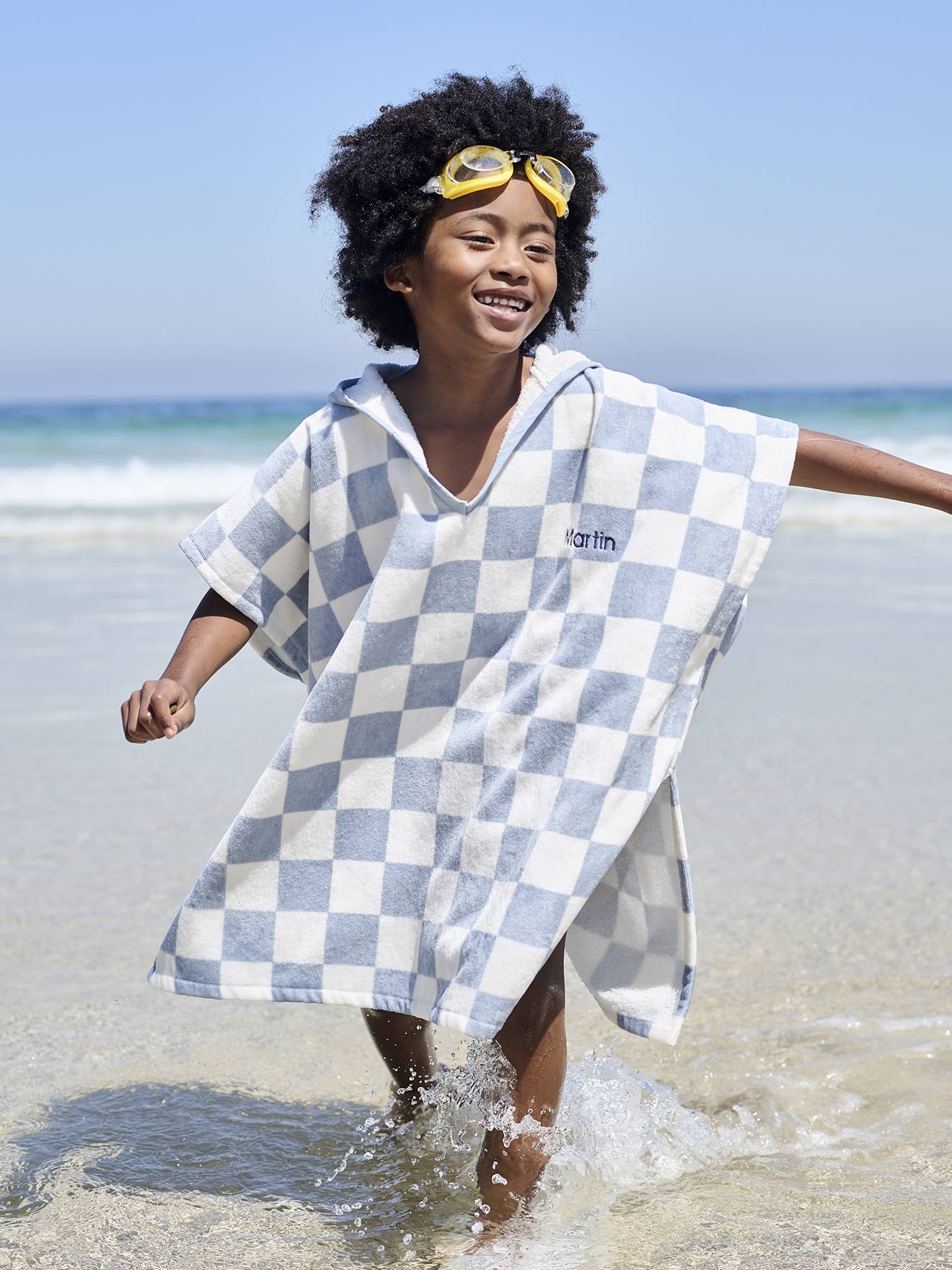 Vertbaudet Gepersonaliseerde Bad-/strandponcho Voor Kinderen, Met Gerecycled Katoen Blauw, Geruit