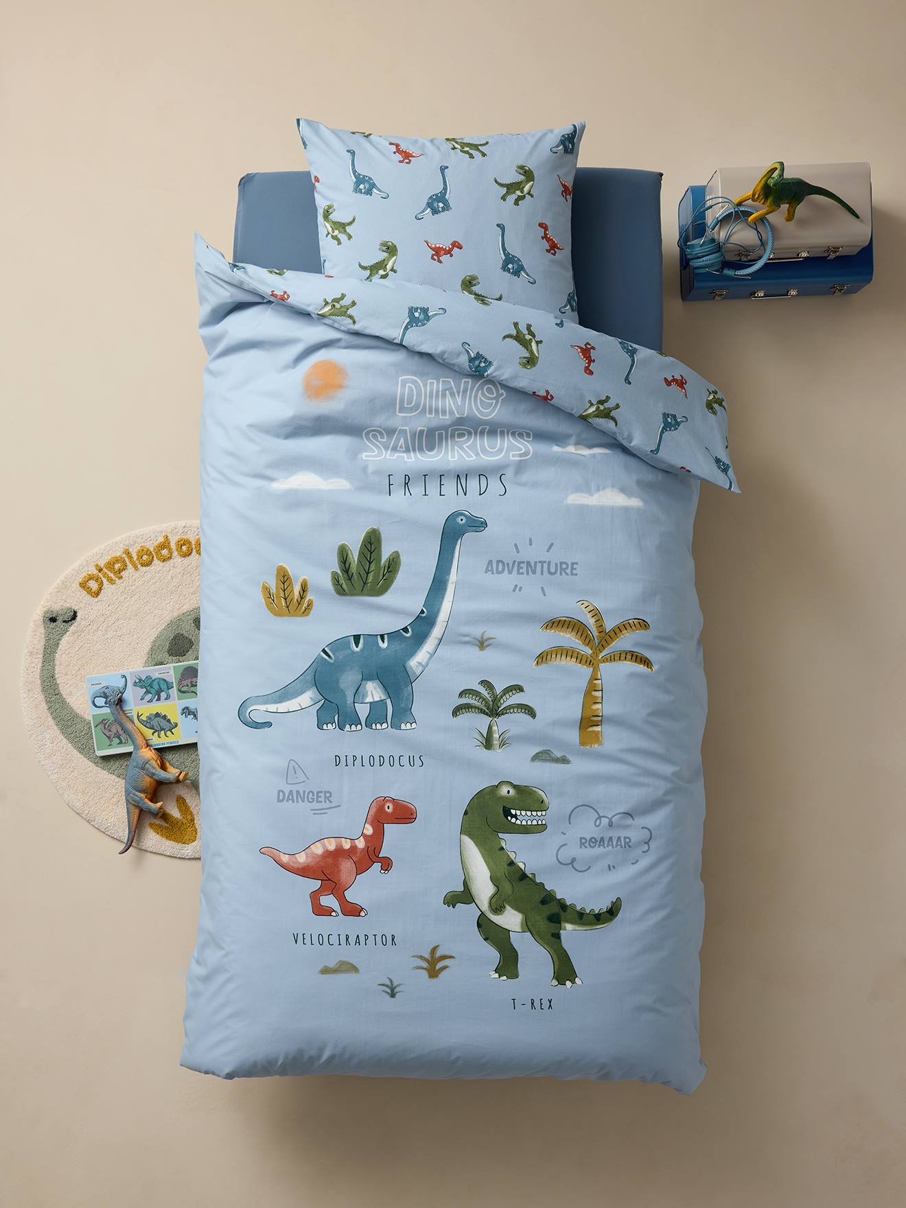 Vertbaudet Dekbedovertrekset + Kussensloop Kind Met Gerecycled Katoen Dino Friends Ijsblauw