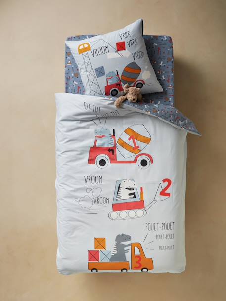 Set dekbedovertrek + kussensloop DINO TRUCK GRIJSBLAUW - vertbaudet enfant 