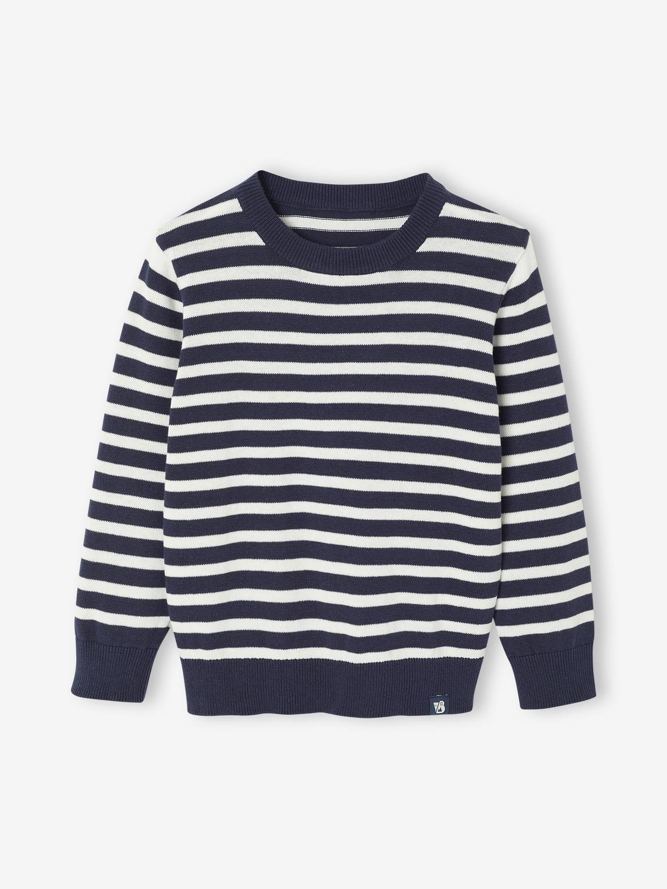 Vertbaudet Basic Trui Met Ronde Hals En Lange Mouwen Voor Jongens Blauw, Gestreept