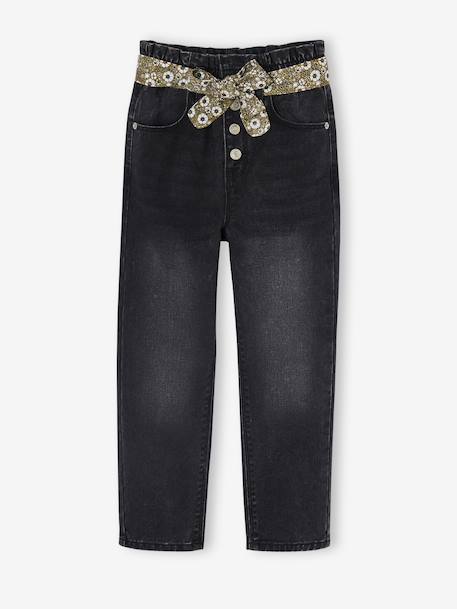 Jean style paperbag et sa ceinture fleurie fille denim brut+denim gris+noir+stone - vertbaudet enfant 