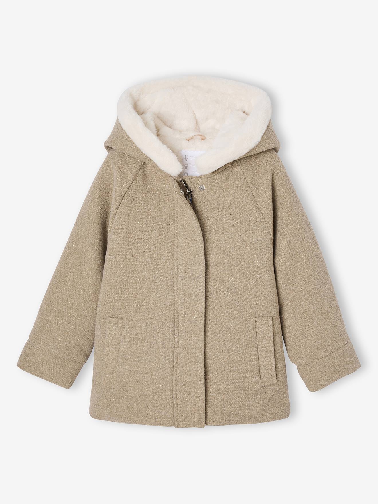 Vertbaudet Mantel Met Capuchon Van Wollen Stof Voor Meisjes Gemêleerd Beige