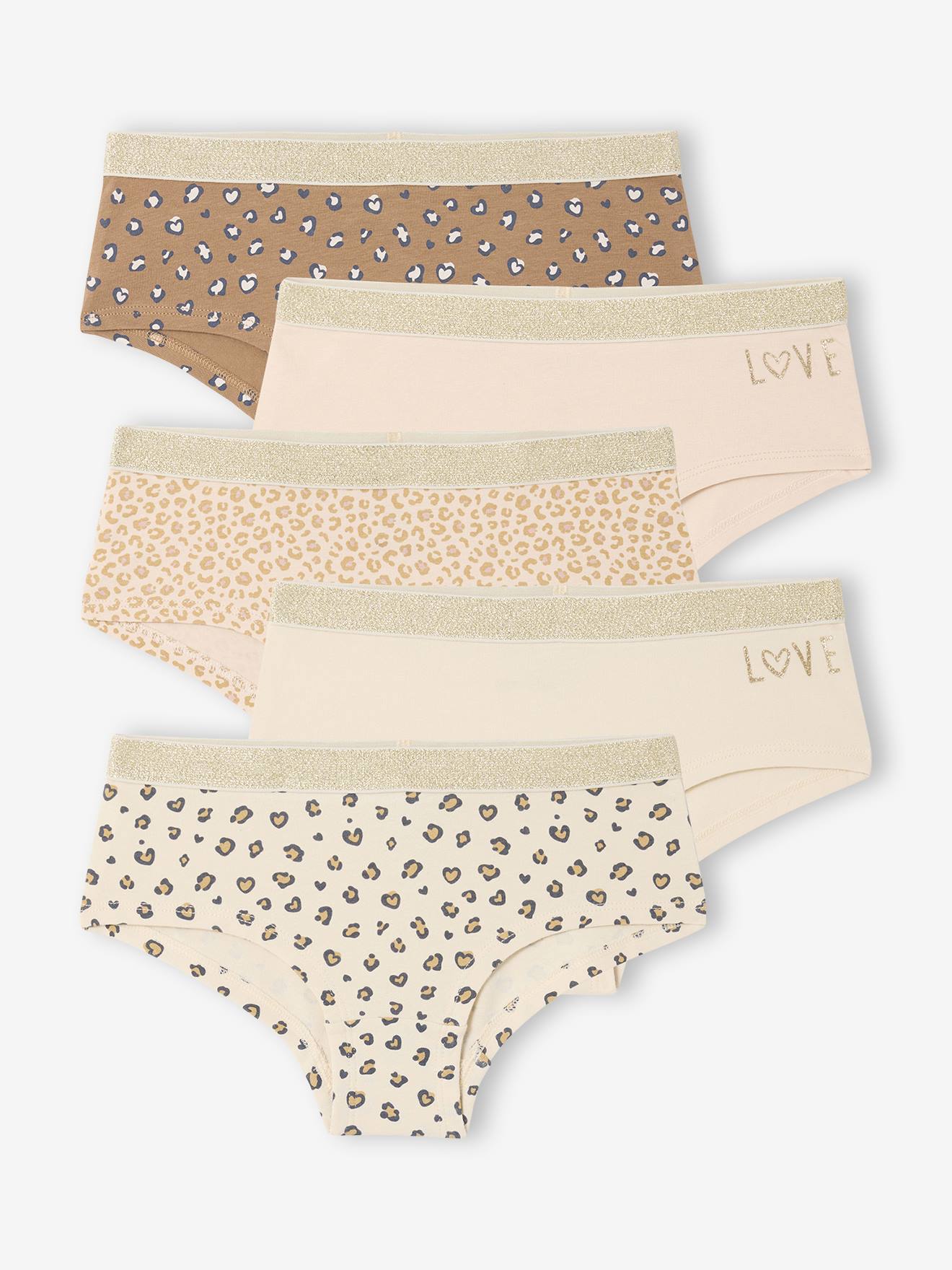 Vertbaudet Set Van 5 Shorty's Voor Meisjes Met Luipaardprint En Hartjes Ecru