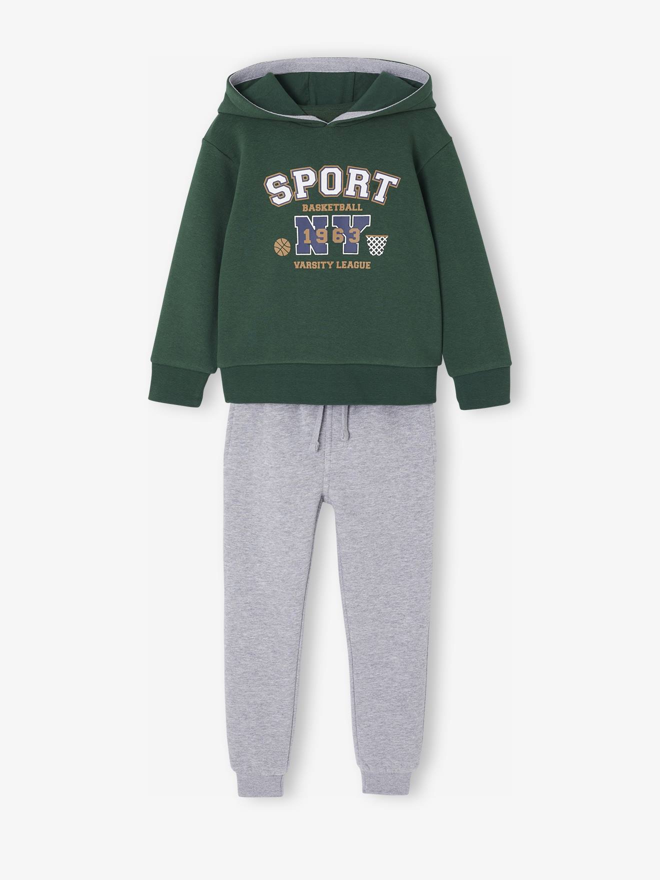 Vertbaudet Sportieve Set Voor Jongens Met Sweater Met Capuchon En Print + Effen Joggingbroek Korstmos