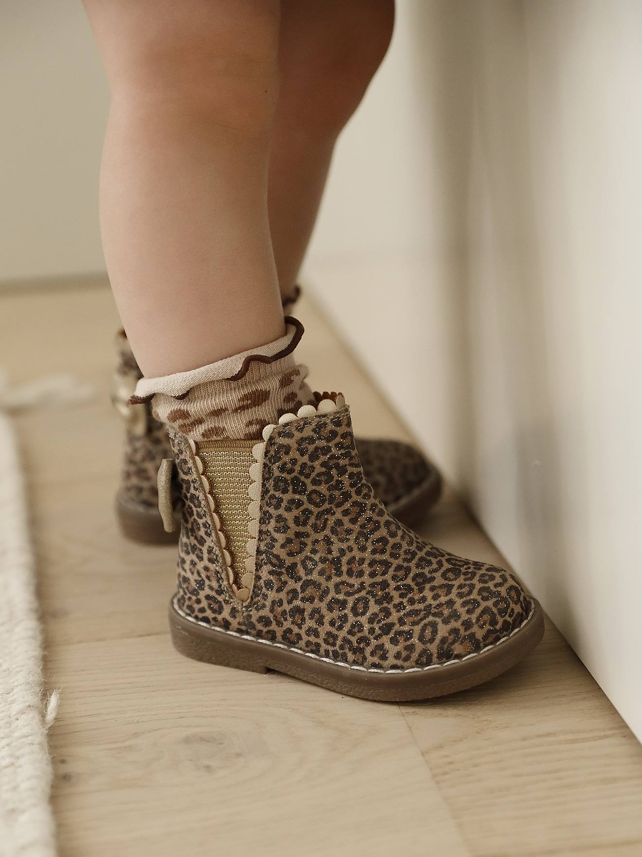 Vertbaudet Elastische Leren Laarsjes Voor Meisjesbaby's Beige, Bedrukt