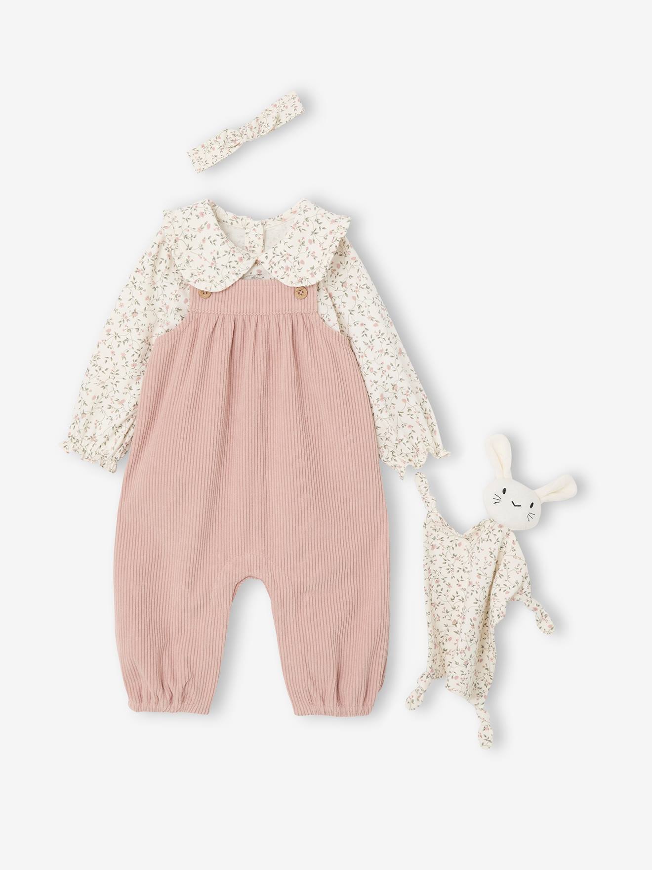 Vertbaudet Babypakje T-shirt + Salopet + Haarband + Knuffel Roze (poederkleur)