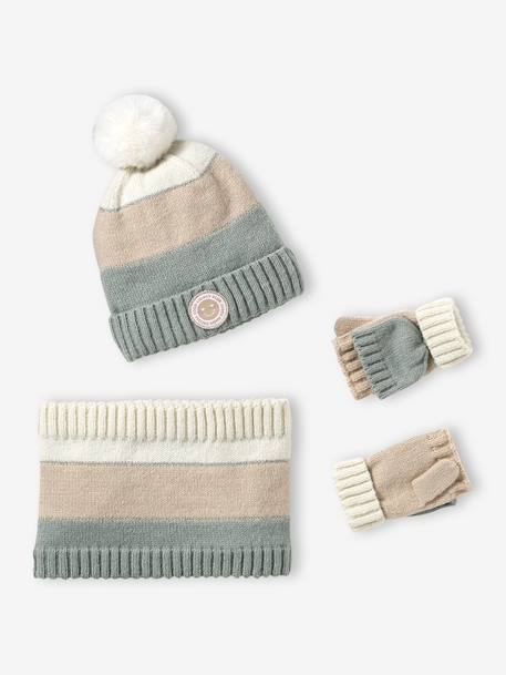 Fille-Ensemble bonnet snood moufles/mitaines colorblock fille