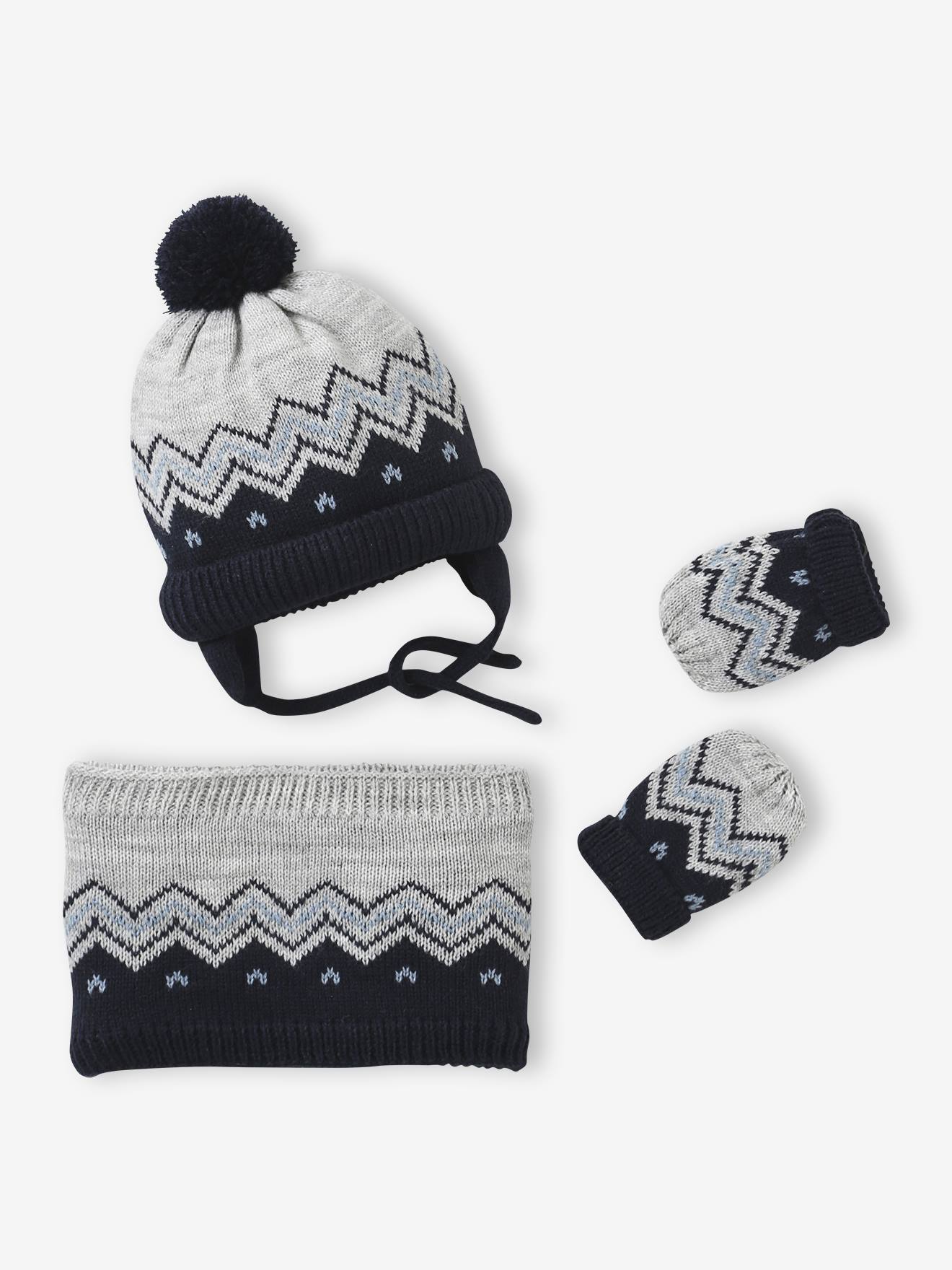 Vertbaudet Jacquard Babyset Muts, Snood En Wanten Gemêleerd Grijs