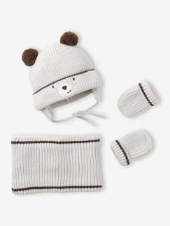 Ensemble Bonnet Péruvien, Snood Et Moufles Bébé Ours Jacquard - Vertbaudet, Taille 3/6 Mois (60/67 Cm), Beige Chiné