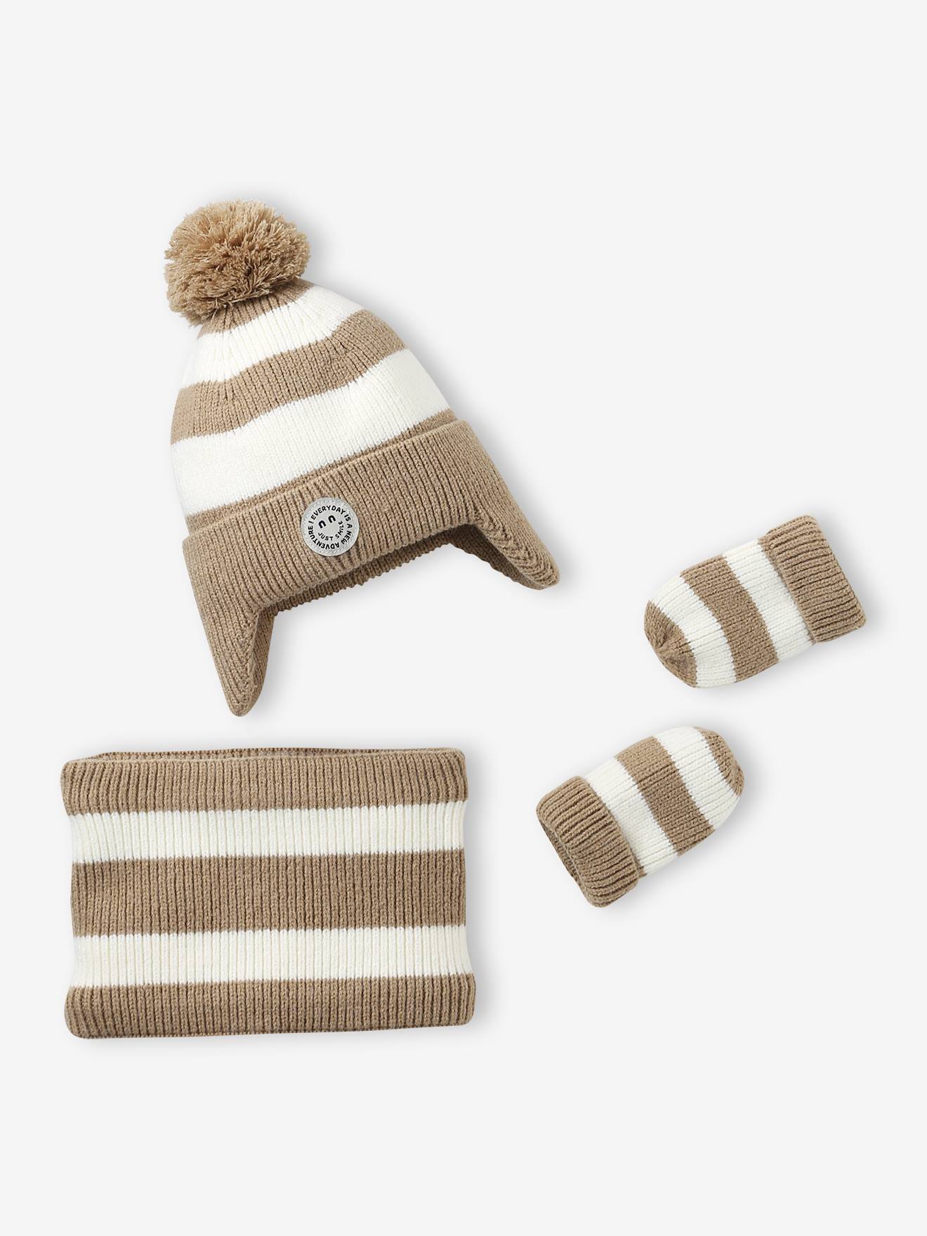 Vertbaudet Gestreept Babyset Met Peruaanse Muts, Snood En Wanten Beige, Gestreept