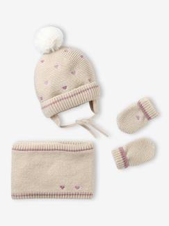 Baby-Geborduurde hartjes babyset muts, snood en wanten