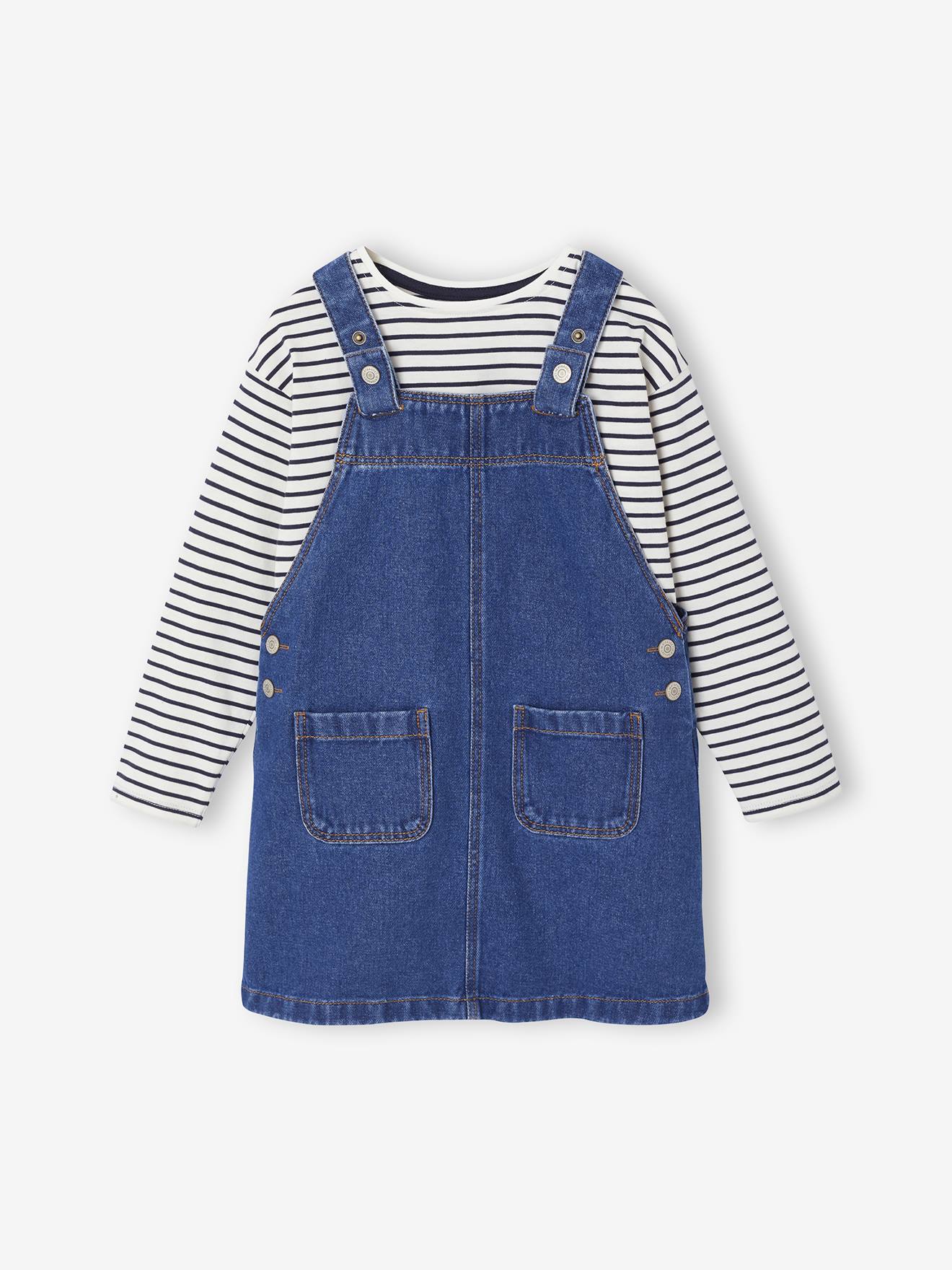Vertbaudet Set Salopette-jurk Van Spijkerstof En Gestreept T-shirt Voor Meisjes Middenblauw