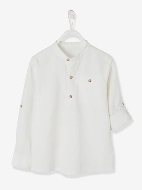 Chemise col Mao en coton/lin garçon manches retroussables BLANC+bleu ciel+Bleu moyen+vert - vertbaudet enfant 
