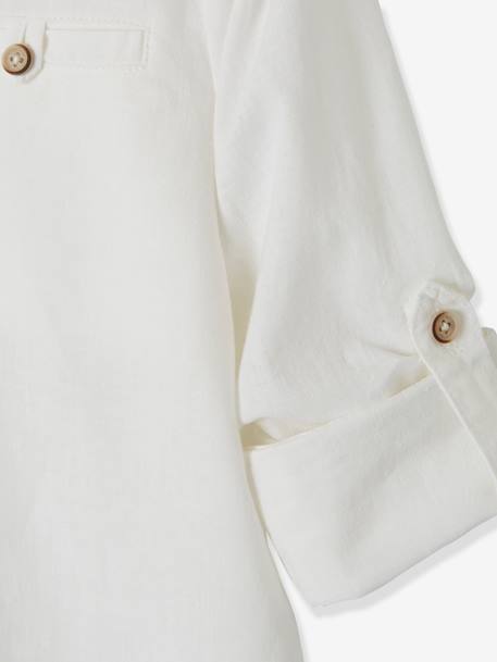 Chemise col Mao en coton/lin garçon manches retroussables BLANC+bleu ciel+Bleu moyen+vert - vertbaudet enfant 
