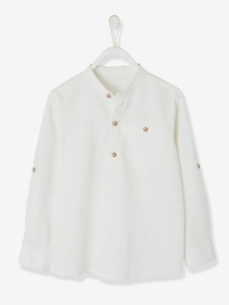 Chemise col Mao en coton/lin garçon manches retroussables BLANC+bleu ciel+Bleu moyen+vert - vertbaudet enfant 