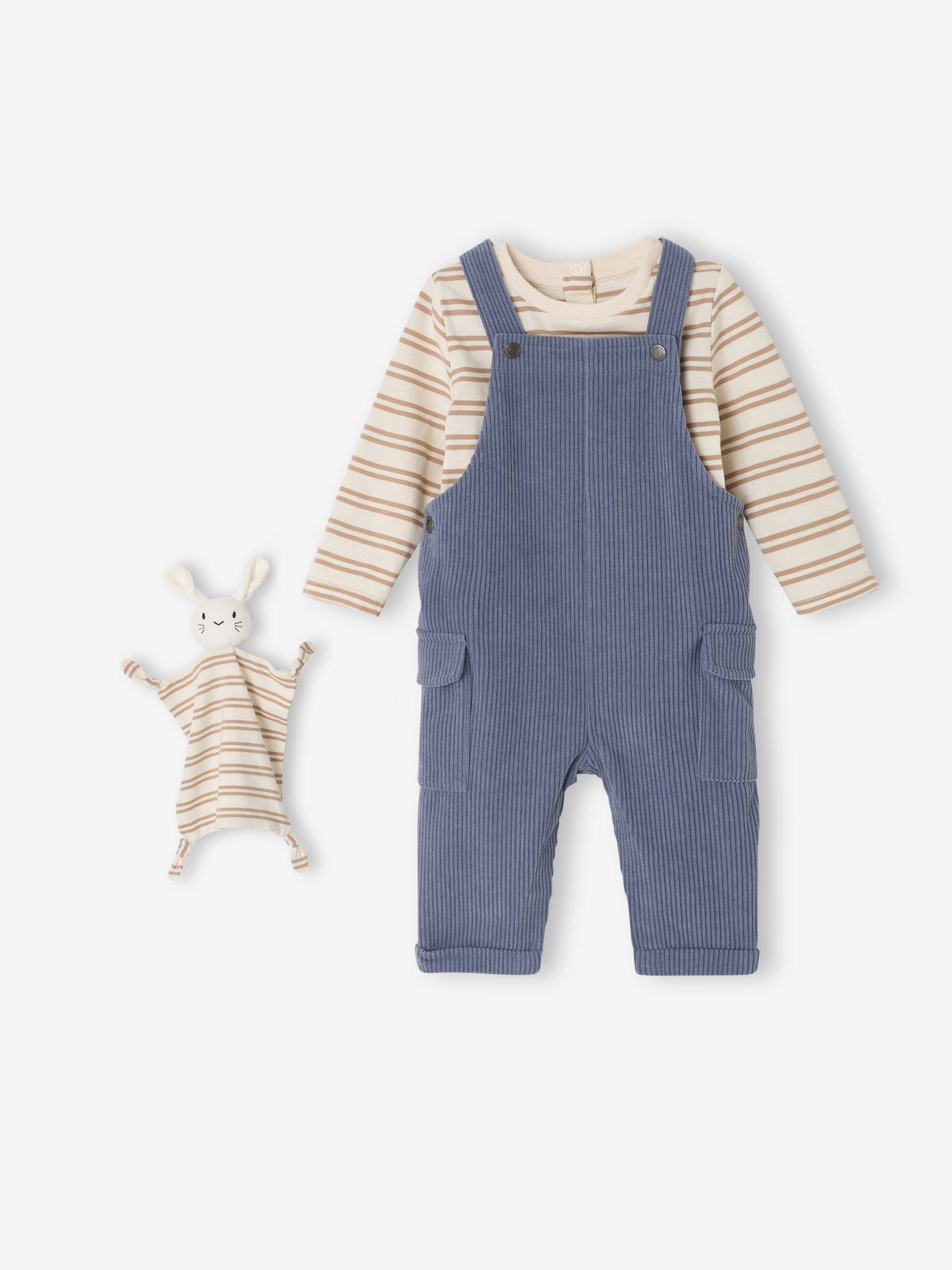 Vertbaudet Babyset Met T-shirt Met Lange Mouwen + Salopet + Knuffel Grijsblauw