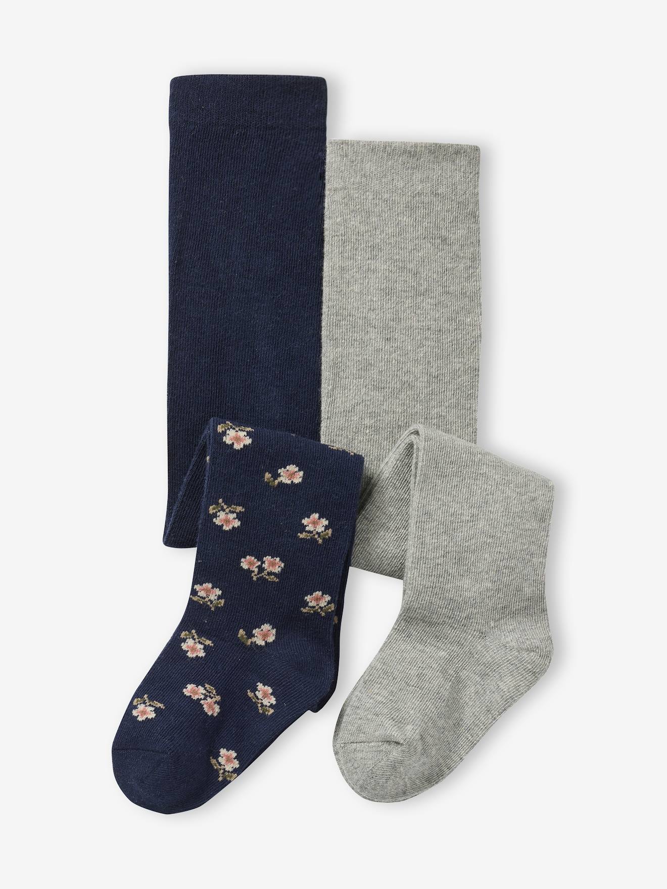 Vertbaudet Set Van 2 Panty's Voor Babymeisjes, Effen En Met Bloemmotieven Nachtblauw