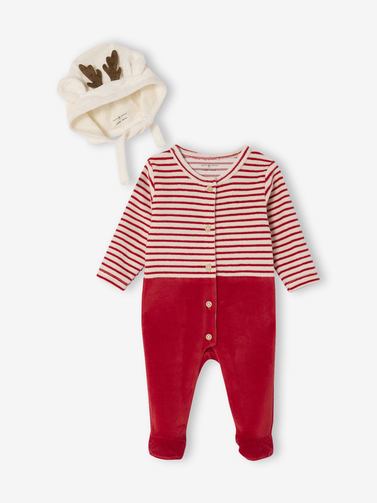 Kerstpyjama En Muts Baby In Fluweel / Velours Envie De Fraise, Personaliseerbaar Rood