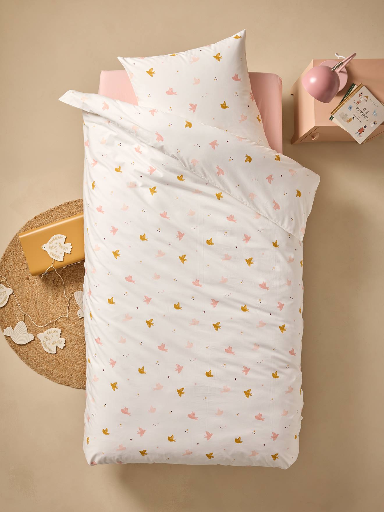 Vertbaudet Bedovertrekset + Kussensloop Essentials Voor Kinderen Zwaluwen, Met Gerecycled Katoen Wit, Bedrukt