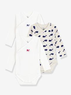 Baby-Body-Set van 3 overslag body's met lange mouwen en print baby PETIT BATEAU