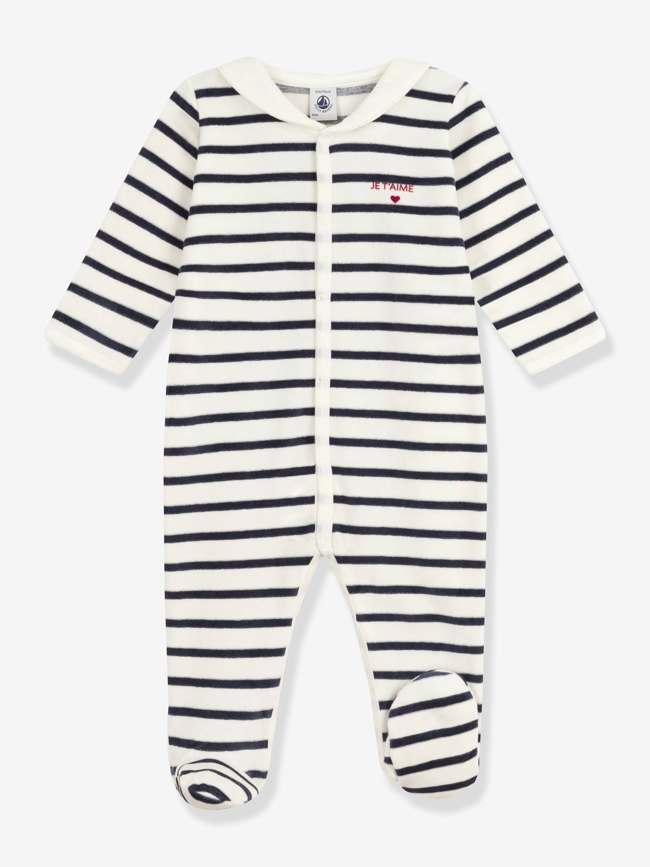 Gemengde Baby Pyjama In Fluweel / Velours Met Petit Bateau Streepjesprint Marineblauw