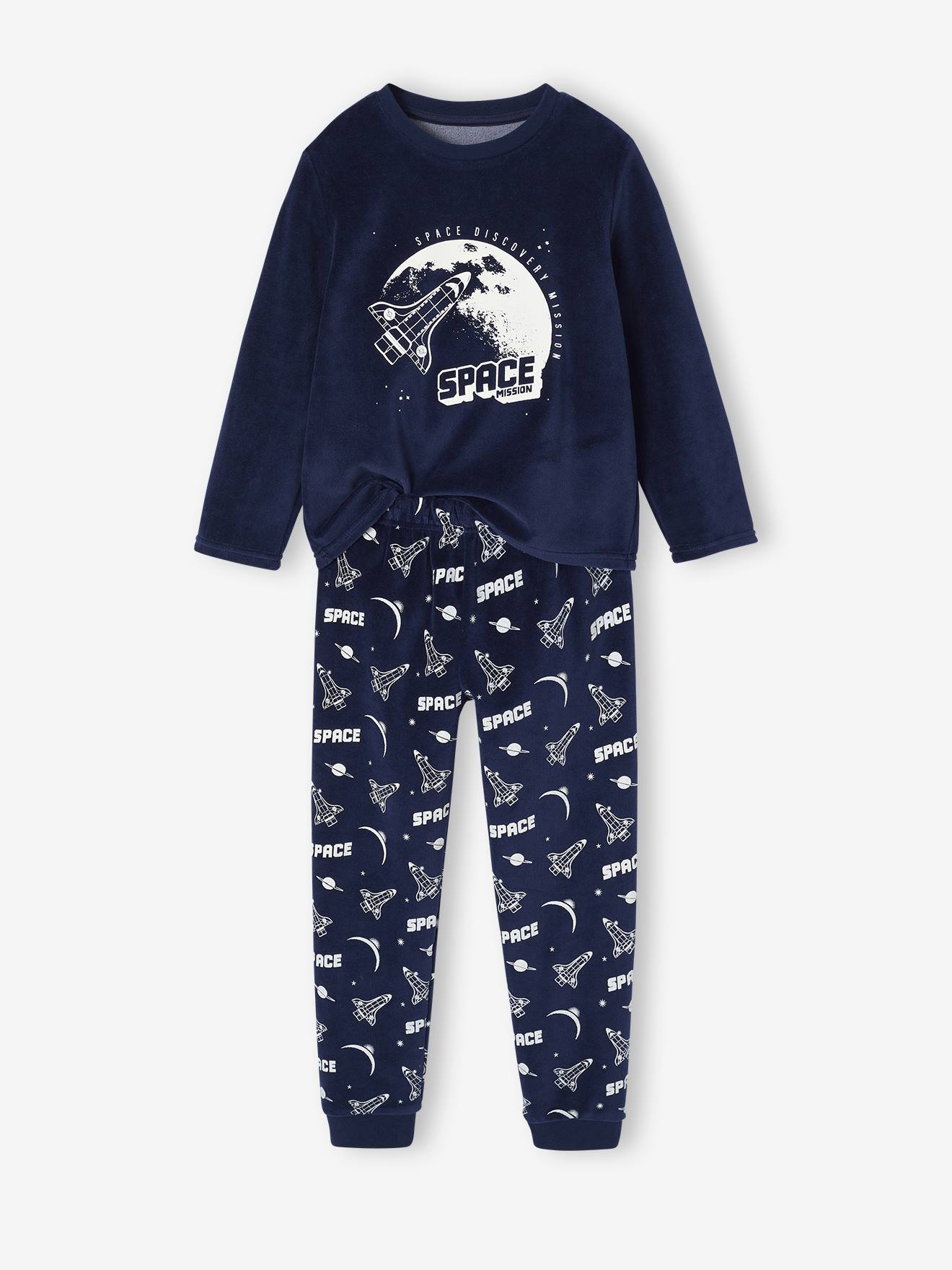 Vertbaudet Pyjama Fluweel / Velours Met Raketprint Voor Jongens Marineblauw