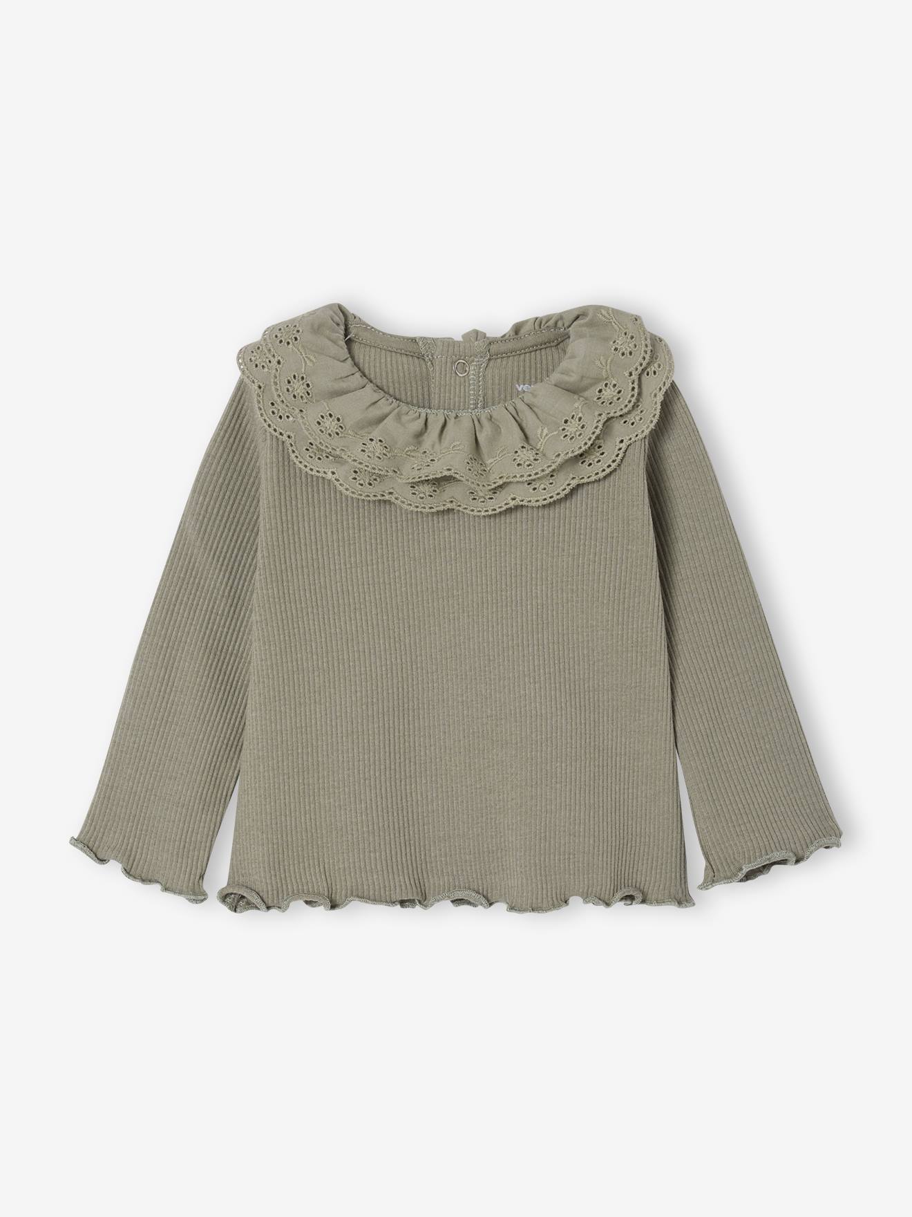 Vertbaudet T-shirt Baby Met Lange Mouwen En Geborduurde Kraag Kaki