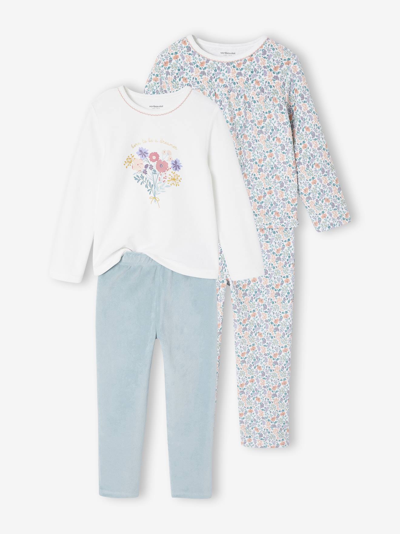 Vertbaudet Set Van 2 Pyjama's Fluweel/velours Met Bloemen Voor Meisjes Ecru