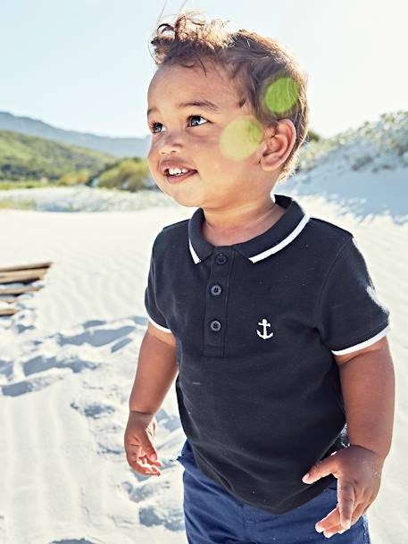 Polo Bebe Garcon Brode Poitrine Oeko Tex Marine Grise Bebe