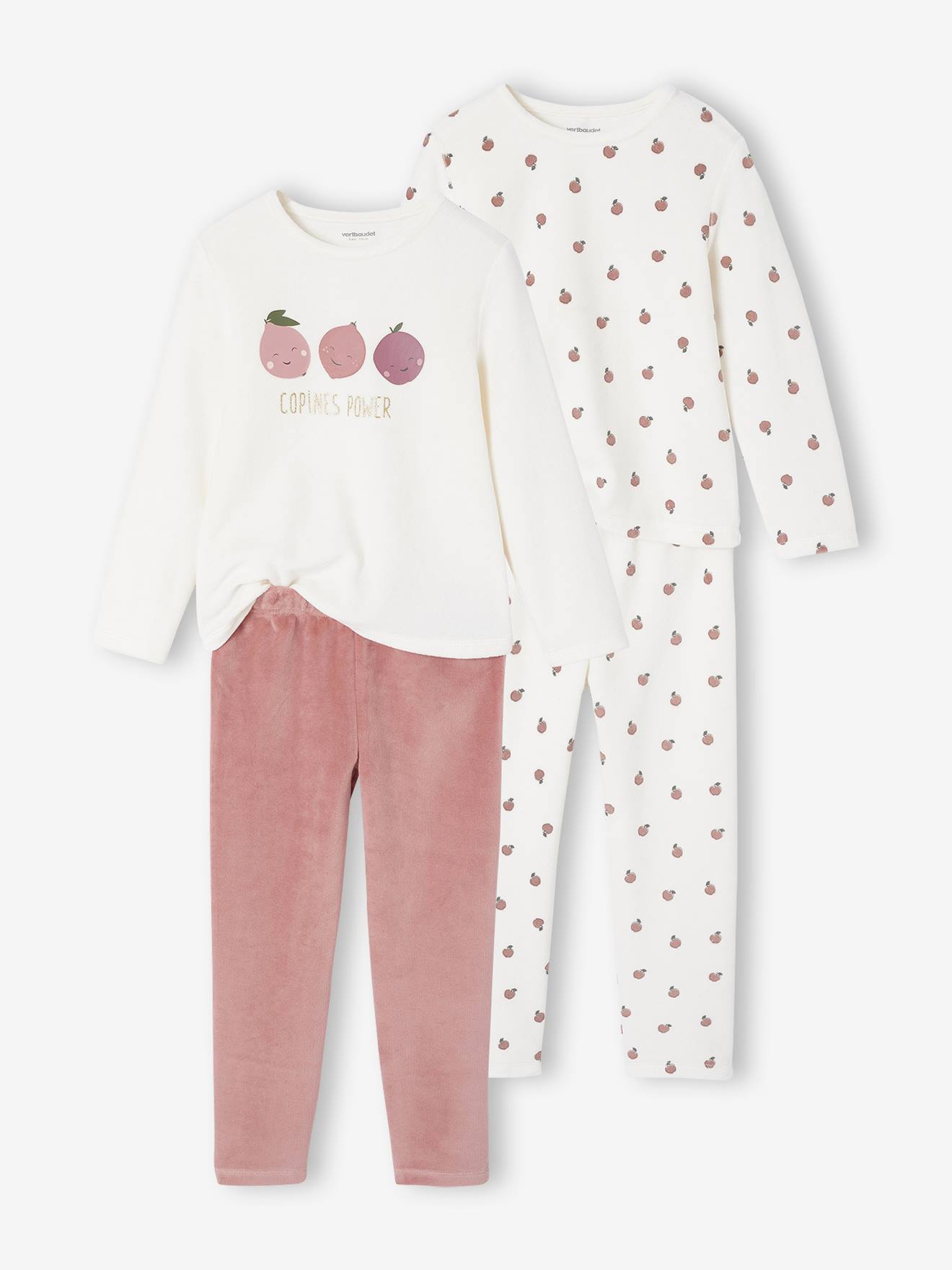 Vertbaudet Set Van 2 Pyjama's Voor Meisjes In Fluweel / Velours Fruit Ecru