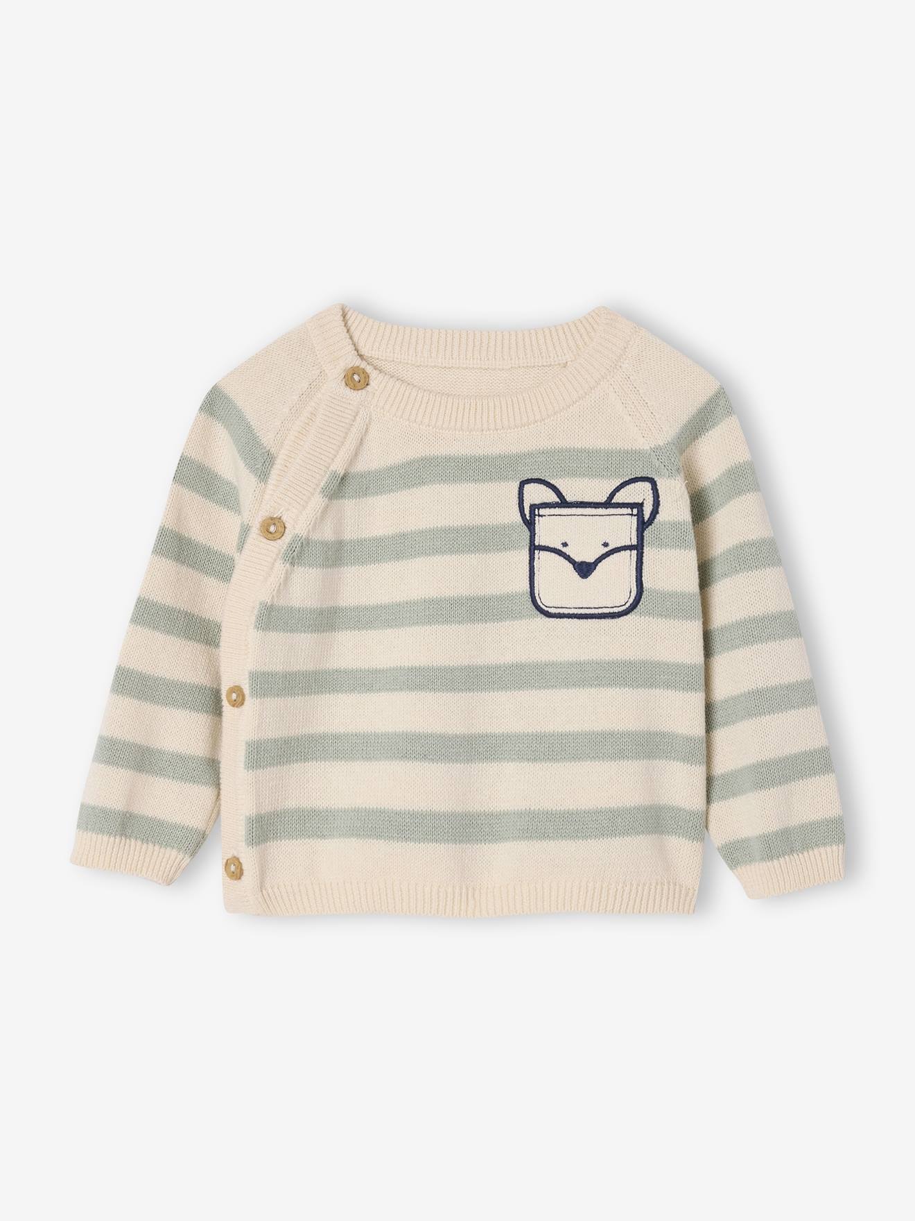 Vertbaudet Gestreepte Trui Voor Pasgeborenen In Tricot Met Sierzak Gemêleerd Beige