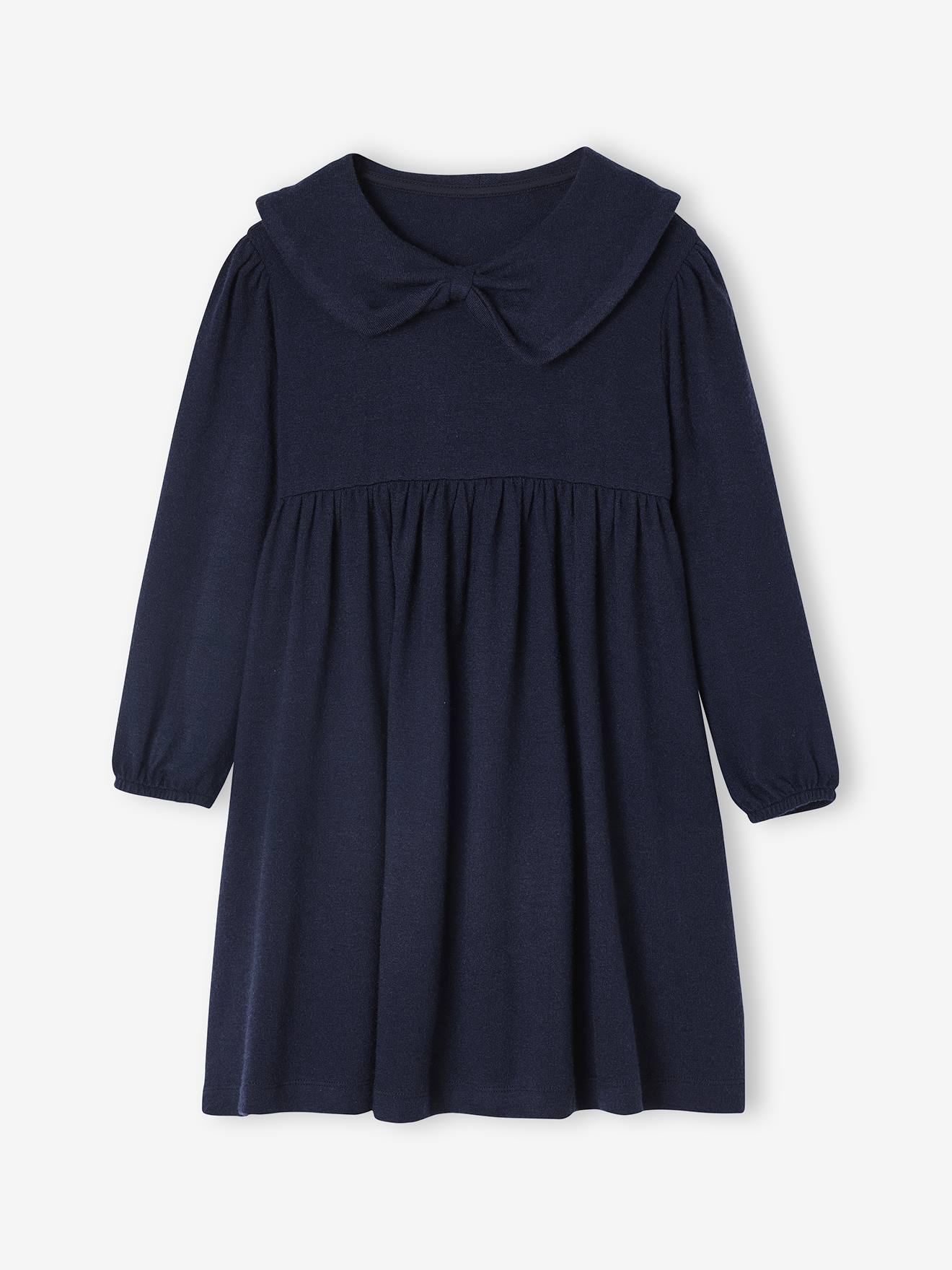 Vertbaudet Jurk Met Fantasie Kraag Van Gebreide Tricot Voor Meisjes Marineblauw
