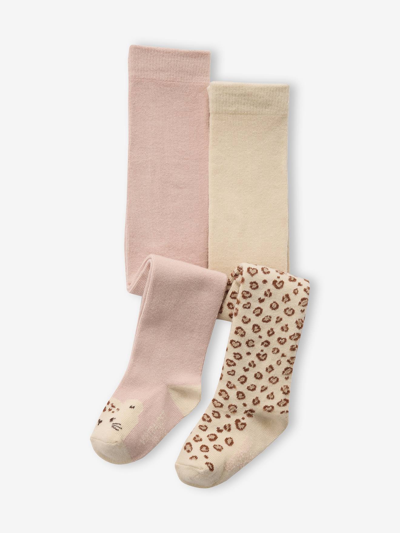 Vertbaudet Set Van 2 Panty's Voor Babymeisjes Met Luipaardmotieven Overal En Een Luipaardkop Op De Bovenkant Van De Voeten. Roze (poederkleur)