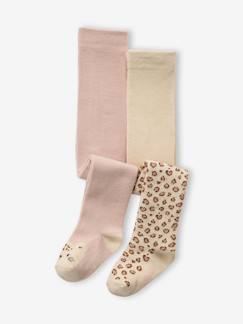 Baby-Sokken, kousen-Set van 2 panty's voor babymeisjes met luipaardmotieven overal en een luipaardkop op de bovenkant van de voeten.