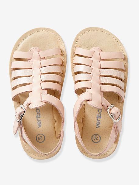 Sandales fille en cuir ARGENT+COGNAC+ROSE - vertbaudet enfant 
