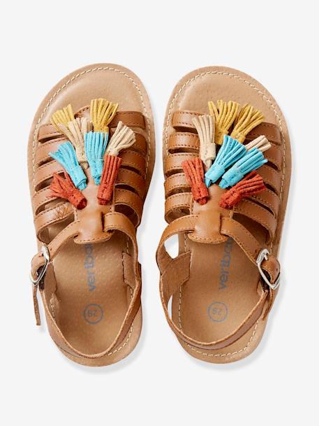 Leren sandalen voor meisjes COGNAC+ROZE+ZILVER - vertbaudet enfant 
