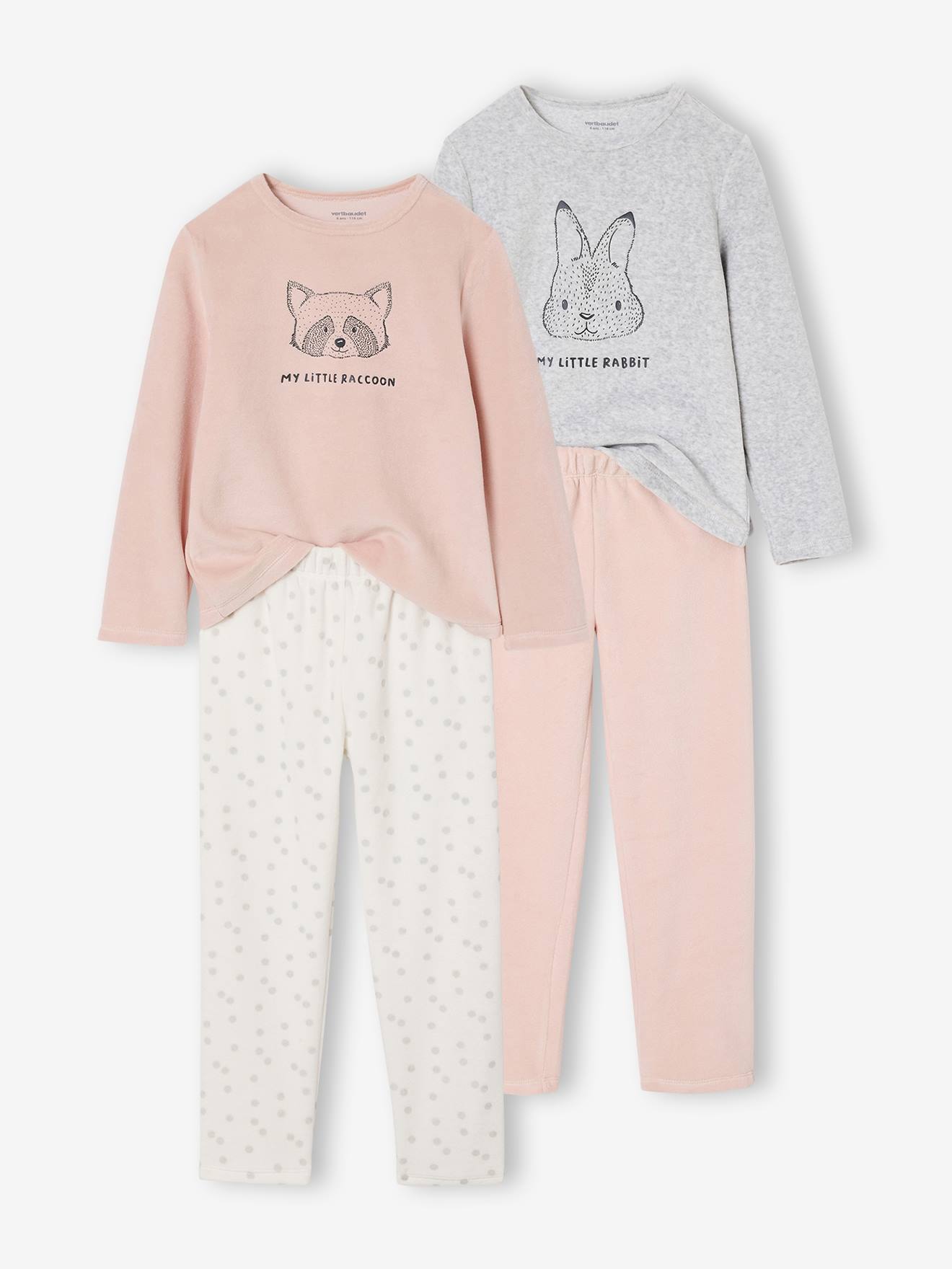 Vertbaudet Set Van 2 Pyjama Fluweel / Velours Dieren Meisje Gemêleerd Grijs