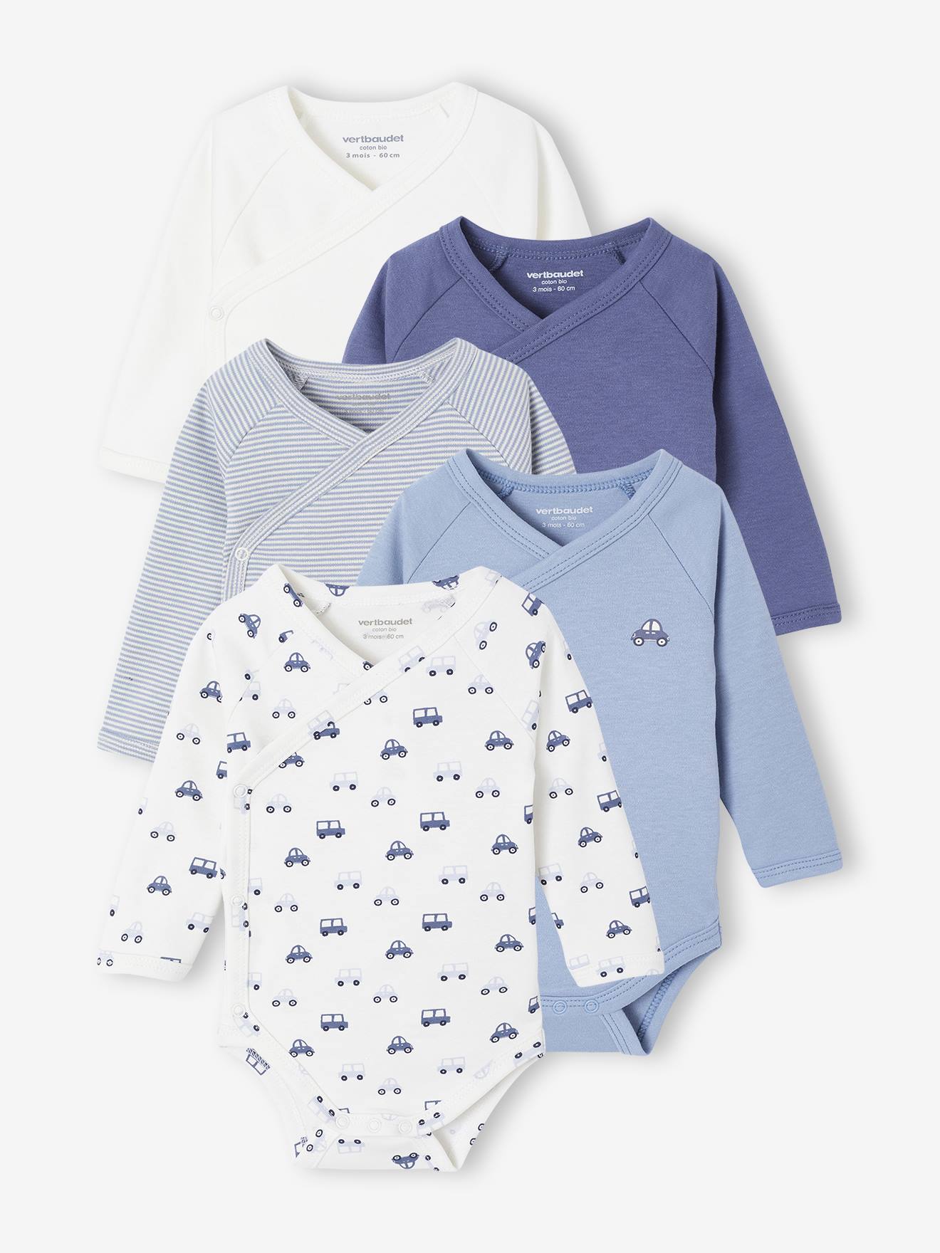 Vertbaudet Set Van 5 Body's Met Opening Voor Pasgeborenen Blauw