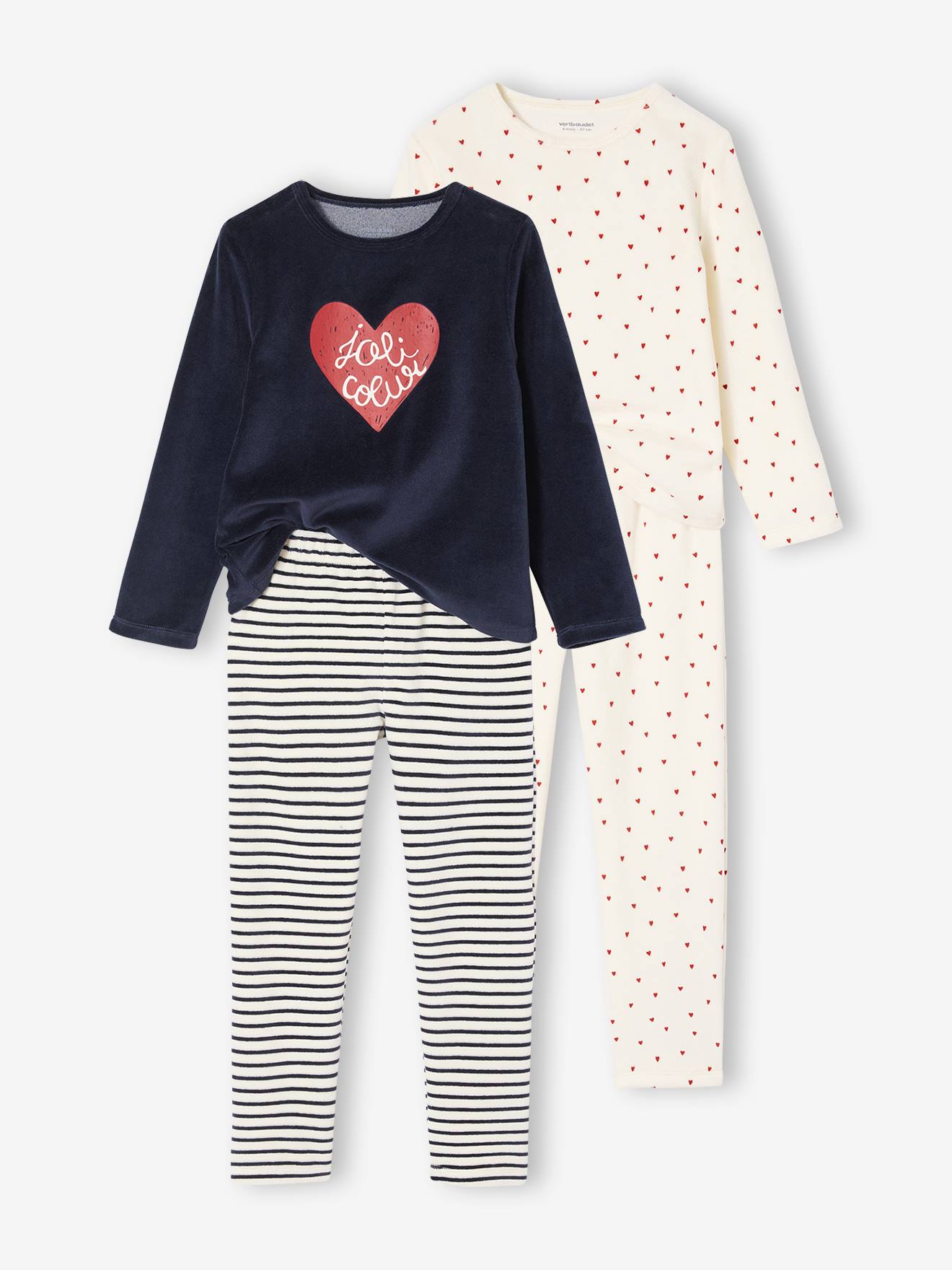Vertbaudet Set Van 2 Pyjama's Fluweel / Velours Met Hartjes Voor Meisjes Ecru