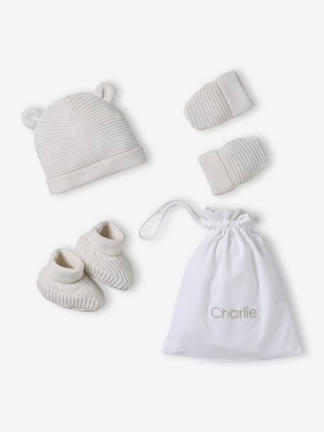 Kit naissance bonnet, moufles et chaussons et son pochon personnalisable  - vertbaudet enfant