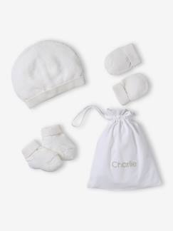 Baby-Babypakje muts, wanten en sloffen en zijn personaliseerbare zak.