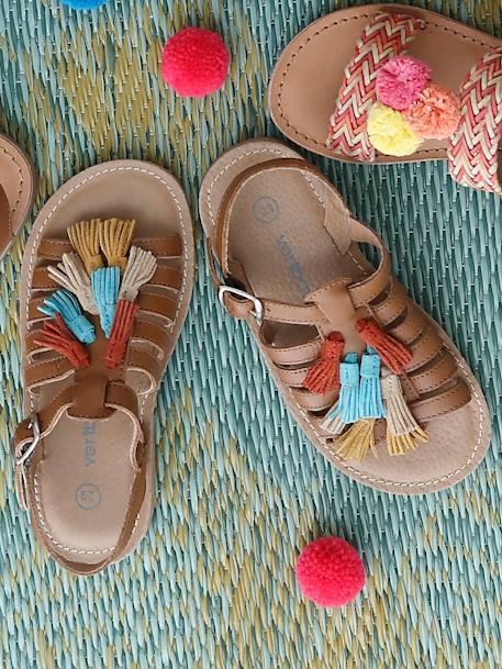 Leren sandalen voor meisjes COGNAC+ROZE+ZILVER - vertbaudet enfant 