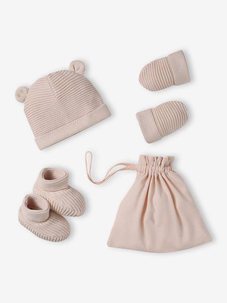 Bébé-Kit naissance bonnet, moufles et chaussons et son pochon personnalisable