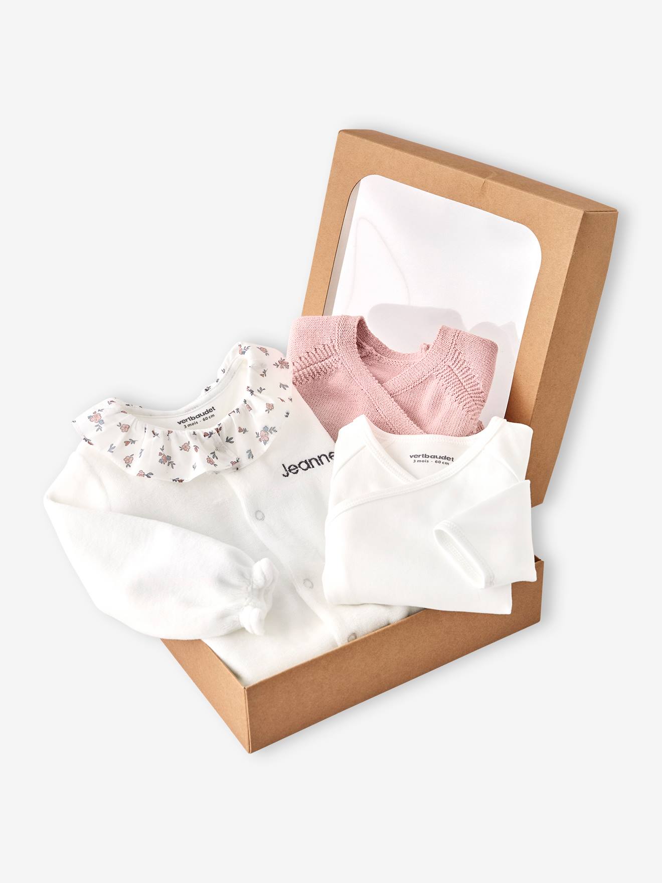 Vertbaudet Babypakje 3-delige Set In Effen Tricot Vestje + Babyslaappakje + Body Rozen