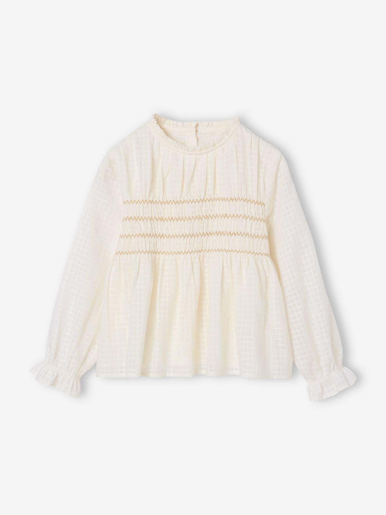Vertbaudet Blouse Voor Meisjes Met Geborduurde Smocks Voor Kerstmis Ecru