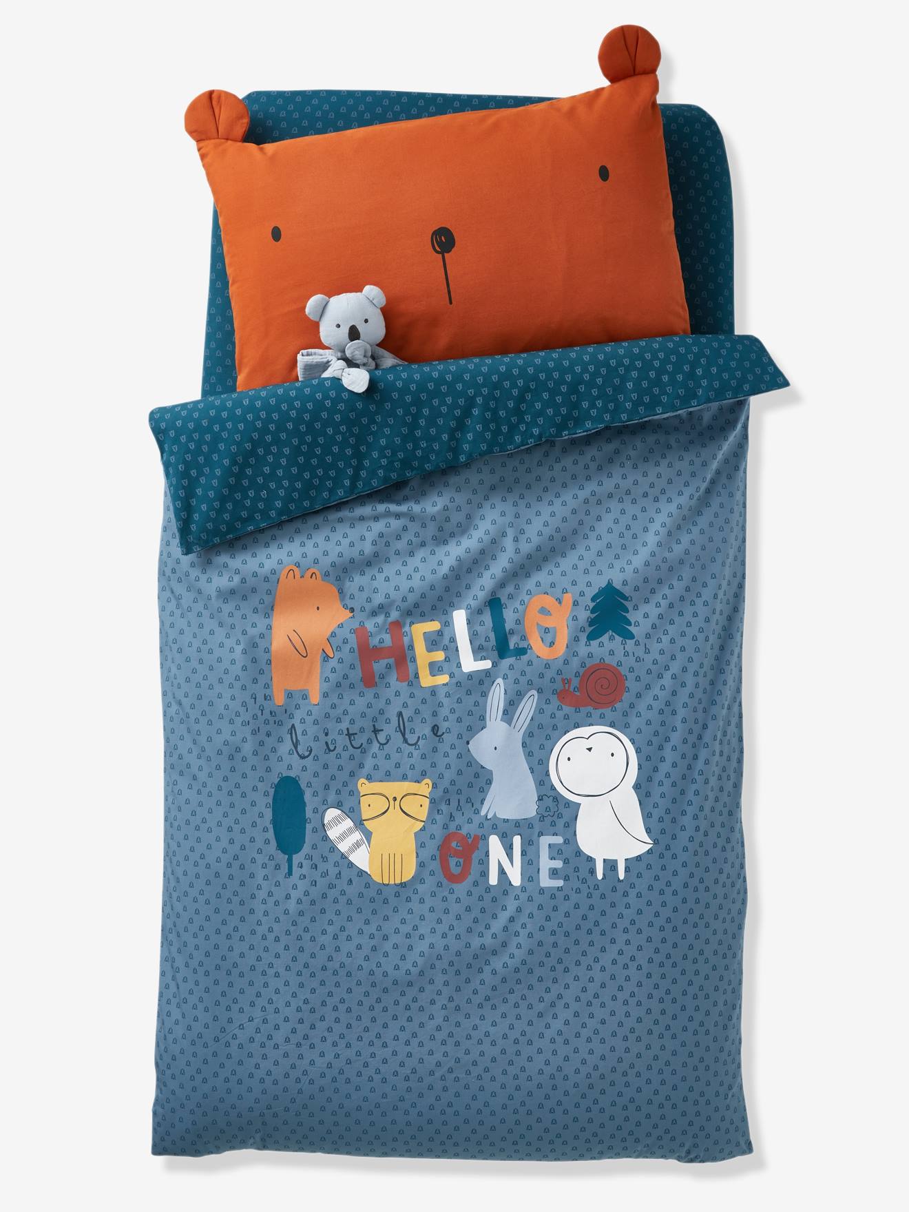 Housse De Couette Bebe Dans Les Bois Oeko Tex Bleu Grise Linge De Maison Et Decoration