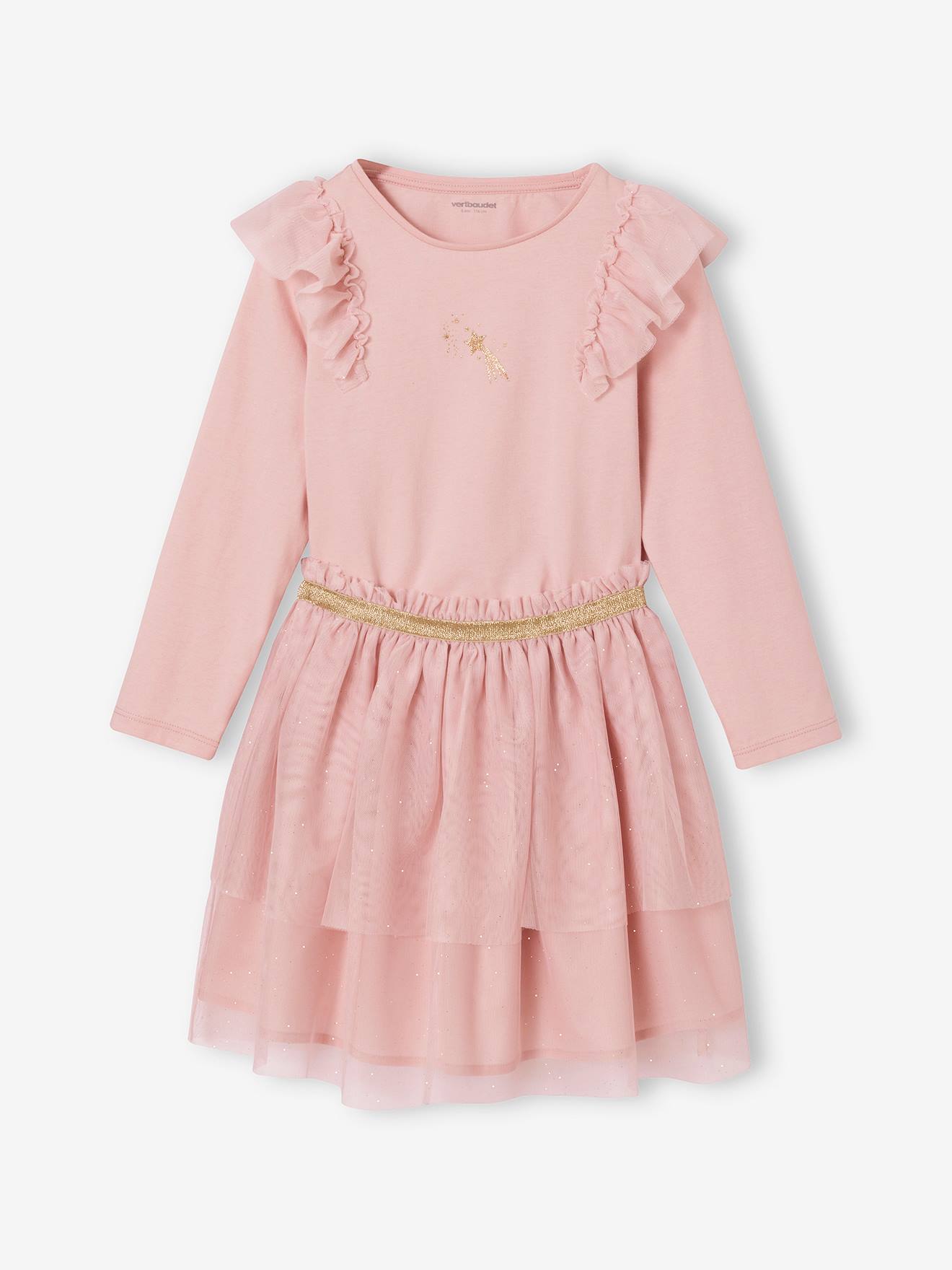Vertbaudet Kerst Set Voor Meisjes, Rok Met Tule En T-shirt Met Ruches Roze (poederkleur)