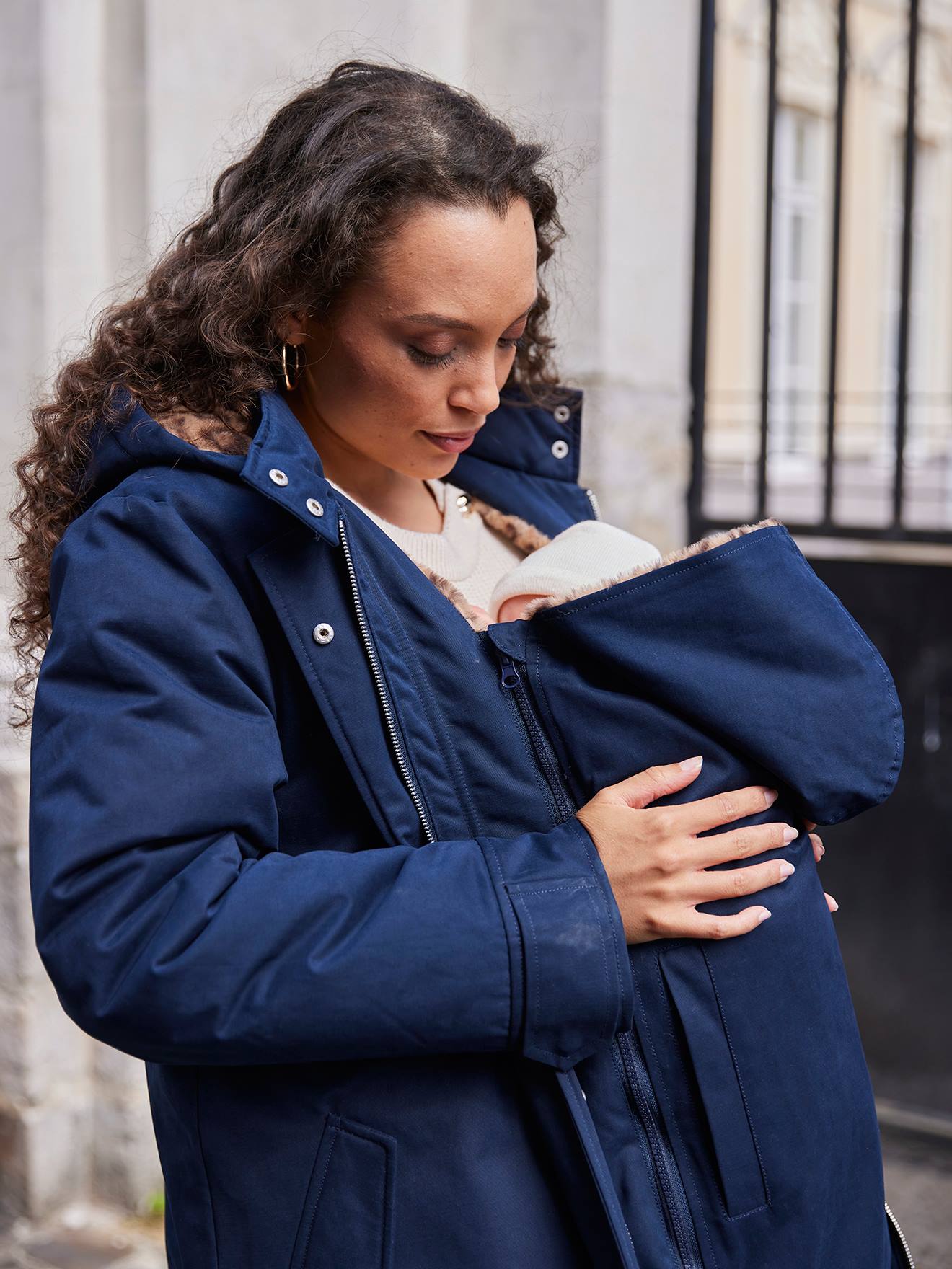 Evolutieve Parka Voor Zwangerschap En Dragen, Gevoerd Met Luipaard Imitatiebont Envie De Fraise Marineblauw